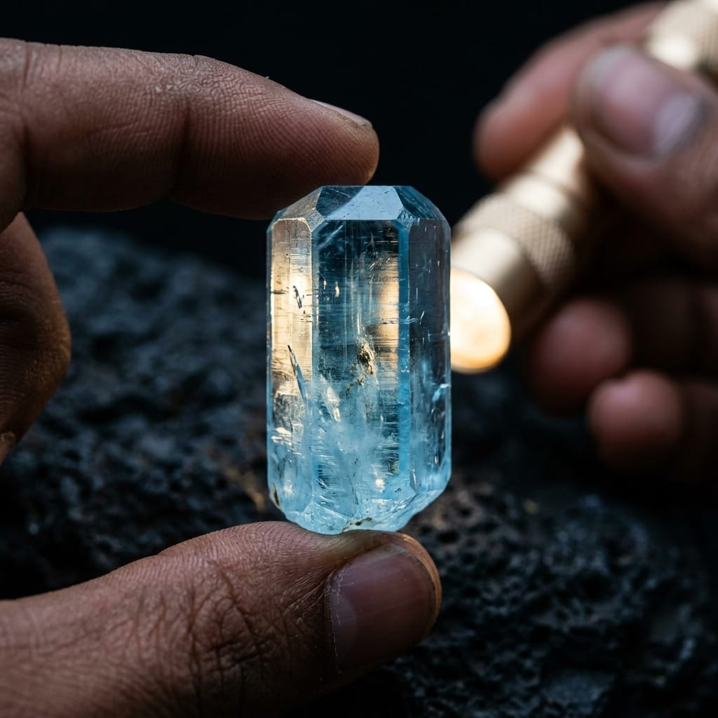 Hexagonal Aquamarine Crystal Inspection